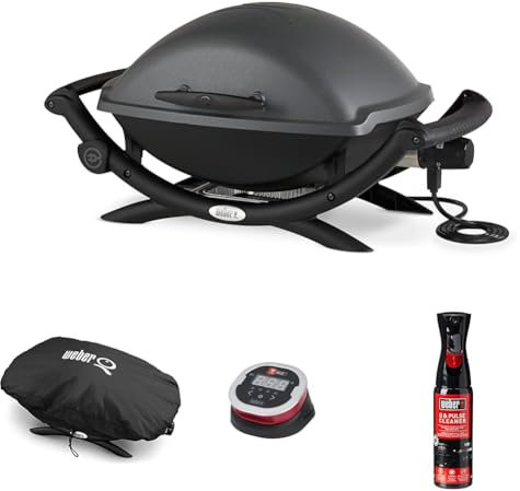 Weber Q2400 Barbacoa Eléctrica, Gris, 55020053 + Weber 7117, Funda de vinilo para Weber Q serie 100 y 1000 + Weber iGrill 2-50, 380°C Digital Termómetro de Comida + Weber Cleaner Q & Pulso Limpiador