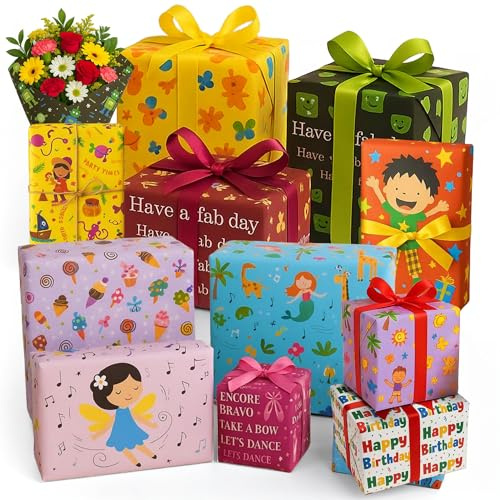 20 Gift Wrapping Paper Different Sheets of Gift Wrap Assorted Designs Cute Themes Colorful Easy To Cut And Fold (Cartoons)