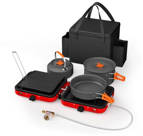 Hisencn Campingkocher 2-flammig, Propan-Gaskocher,Tragbarer Outdoor-Kocher für Camping, Wohnmobil, Wandern & Outdoor-Kochen