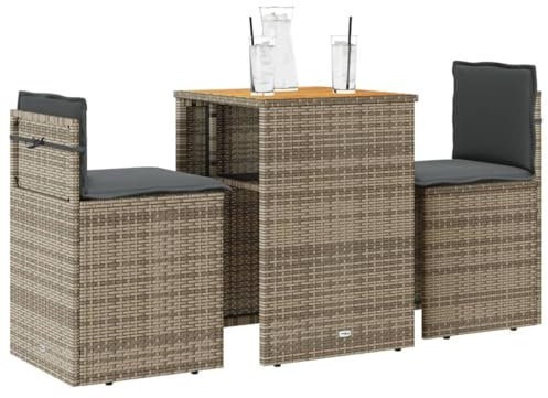 Homgoday Bistro-Set 3-teilig mit grauen Kissen aus Polyrattan, Gartenmöbel, Tisch und Stühle für den Außenbereich