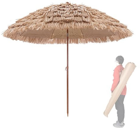 Kippbarer 200 cm hawaiianischer Strohschirm mit UV-Schutz, höhenverstellbar, tragbar, Gartenschirm für Pool, Meer und Bar, inklusive Tasche, natur, 300cm/10ft