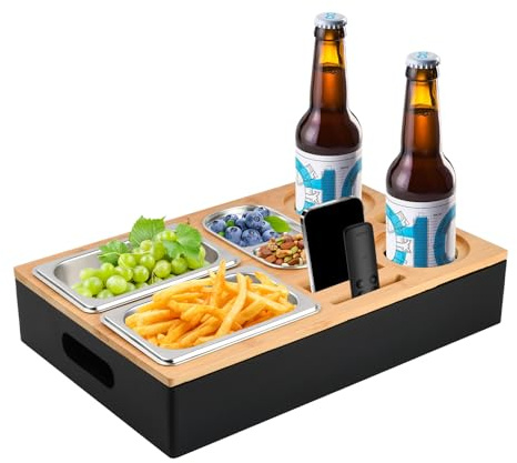 Focenat Couchbar Snackbox aus Bambus, Sofatablett mit 3 Snackschalen, 2 Getränkehalter, Serviertablett, Couchbar Tablett, Snackbox Organizer Abnehmbar für Sofa, Auto, Picknick, Party, 40 x 26 x 8 cm