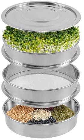 Sprossenset aus Edelstahl,Sprossenzüchter aus Edelstahl | 7,8 Zoll stapelbare 3-stöckige Keimschalen - Runder Sprossenzüchter, Microgreens-Gewächshaus mit 2 Netzschalen, 1 Boden und 1 Deckel