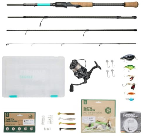 Fishing-King Tackle Angelset Forelle/Barsch | Spinnrute 2,10 m und 5-25 g | Spinnrolle 2500 mit Schnur | Box, Köder und Zubehör