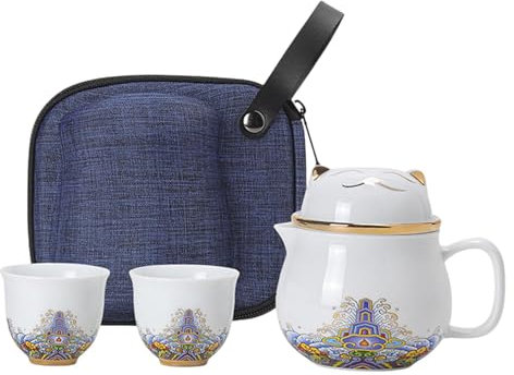 Portable Tea Set, Ceramic Tea Cups, Lucky Cat Teapot, Tea Strainer Set, Travel Ceramic Teapot, Maintain Temperature, Portable Convenience for Picnic, Home and Travel