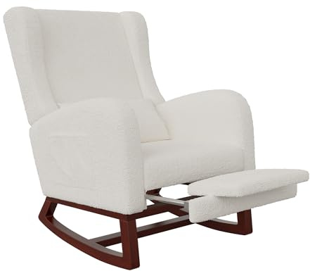 BLSYHDH Sedia a dondolo con poggiagambe, poltrona da esterno in legno con schienale, sedia da allattamento per camera da letto con cuscino lombare e 2 tasche laterali, soggiorno, balcone