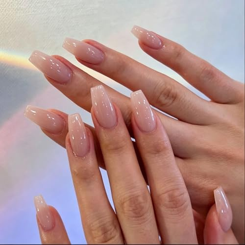 KQueenest Press On Nails Lange Mittel Eckig, Sarg Nägel zum Aufkleben Nude, Glänzende Jelly-Gel Fake Nails Fingernägel zum aufkleben Ballerina, Einfarbig Acryl Kunstnägel für Frauen, 24 Stück