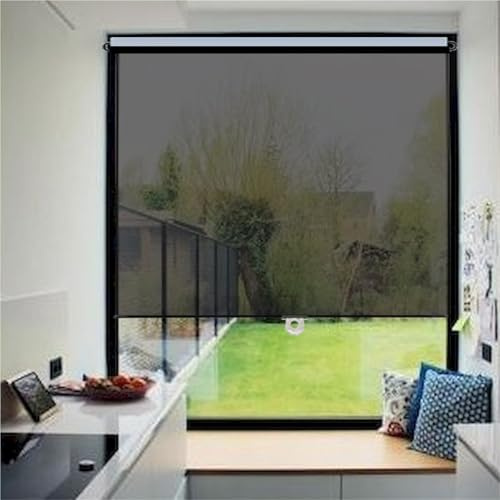 Cordless Mirror Roller Shade with PET Window Film - One-Way Privacy UV Protection & Heat Blocking, No Drill Adhesive Installation for Home Office Nursery Living Room & Glass Doors(Black,42''W x 59''H)