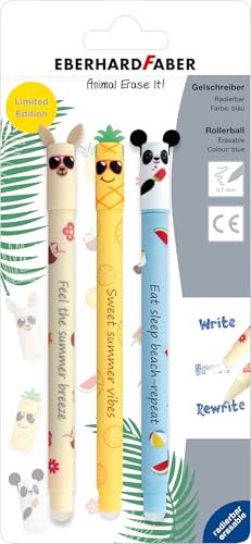 EBERHARD FABER 582184 - Tintenroller radierbar, 3 Animal Erase it Sommermotive, Gelschreiber blau 0,7 mm