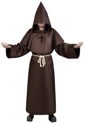 Aomig Deguisement Moine, Médiéval Renaissance Moine Costume Robe, Moine Capot Encapuchonné Costume, Costume Robe de Prêtre Halloween avec Collier Croix, Cape à Capuchon Longue pour Carnaval Cosplay