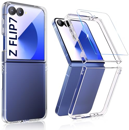 MIMGOAL Fodral till Samsung Galaxy Z Flip 7 Skal [Slim Fit] Hårt genomskinligt PC-fodral, [Anti-gul] Stötsäkert stötsäkert telefonfodral med härdat glas skärmskydd Z Flip7 5G 2025- Kristallklart