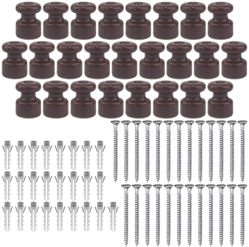 OASHISU 25 x Aisladores de Porcelana para Cables Trenzados Textil, Marrón | aisladores para cables trenzados, aislante de porcelana, brillante, Ø18 mm, aisladores de cerámica vintage