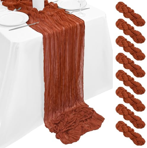Lot de 8 chemins de table en étamine, couleur terre cuite, 3 m - Tissu rustique et transparent en gaze - Décoration de table de mariage, fête prénuptiale, fête prénatale (90 x 300 cm)