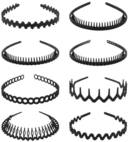 Roxnvm Haarband, 8 Elastisches Haarreifen Männer, Kunststoff Packungen Zickzack Haarreif, Rutschfest Schwarz Haarreifen, Sportmode Haarband Zubehör haarreif männer für Outdoor Sports Yoga Täglich