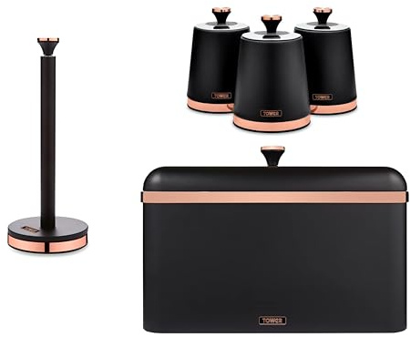 Tower Cavaletto Black Bread Bin, Tea, Coffee, Sugar Canisters and Kitchen Roll Holder. Contemporary Kitchen Storage Set of 5 Items. Matte Black finish with Elegant Rose Gold Accents