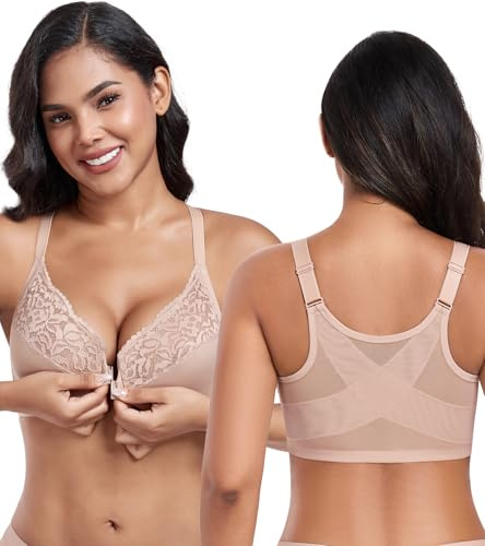 DotVol Women's Front Closure Unlined Underwired Everyday Bra | Easy on & off, Breathable Material, Posture Back, Flower Lace, Plus Size, Full Coverage, All-day Comfort, Everyday Bra