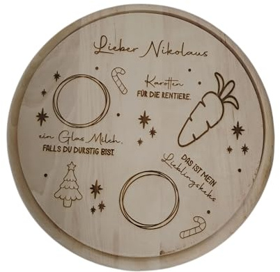 Generisch Weihnachtlicher Holzteller für Sankt Nikolaus, Rund, Lasergeschnitten, mit Milch und Karotten Motiv, Dekorative Servierplatte für Weihnachtsabend