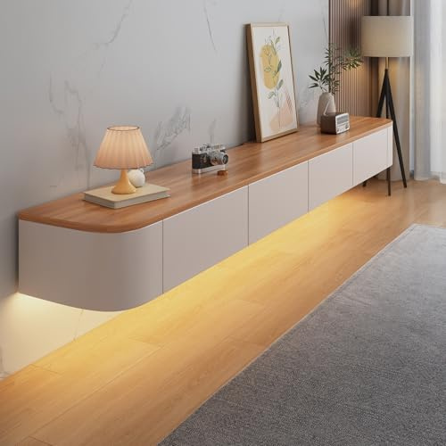 DFGHNBVC Meuble TV Suspendu Moderne avec Éclairage LED, Meuble Multimédia Mural Élégant avec Tiroirs Et Étagères De Rangement pour Salon, Bois Blanc + LED 220 Cm