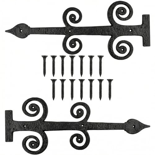 Otoolling 2 Pack 16 Gate Hinges Black Powder Coated Wrought Iron Garage Door Decorative Hardware Heavy Duty Rust Resistant Dummy Strap Fence Hinges with Mounting Hardware for Door Shed Barn