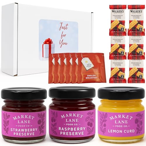 Shortbread Biscuits and Jam Gift Set includes Shortbread, Blacurrant, raspberry Jam, Lemon Curd preserves & English Breakfast Tea Gift Set - Hampers & Gourmet Gifts - Christmas Food Gift