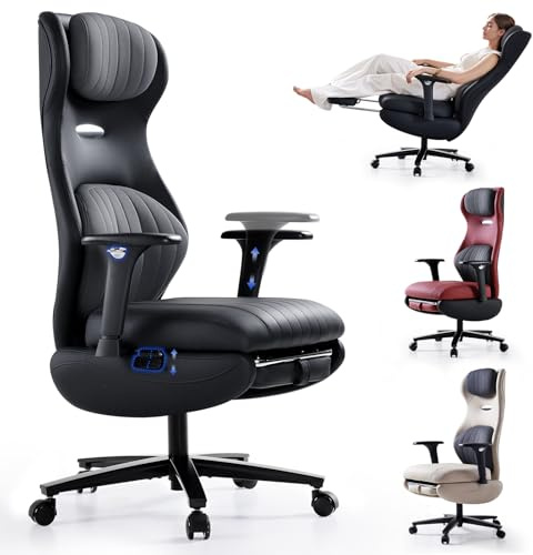 EMIAH Ergonomischer Bürostuhl mit Verstellbare Armlehnen, PU Leder, Schwarz | Schreibtischstuhl mit Fußstütze, Compute Stuhl, Hochlehner Gaming Stuhl, Chefsessel mit Kopfstütze und Lendenwirbelstütze