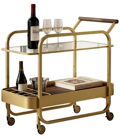 DAWNYIELD Carrito de Bar 2 Niveles, Carrito de Bebidas con Bandeja de Vidrio Templado y Rejilla para Botellas, Carro de Bar con Ruedas Bloqueables, Carrito Multiusos para Cocina, Salón, Dorado