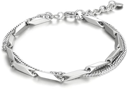 MOTIBACK Bracelet Homme Acier Titane Double Couche Bracelet en Argent 17/19/21cm + 3cm d'Extension Style Hip-Hop & Minimaliste Cadeau pour partenaire
