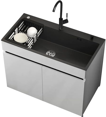 Lavabo Indipendente in Acciaio Inox con Rubinetto Estensibile e Tubi Dell'acqua Calda e Fredda, Lavello da Cucina con Armadio Contenitore e Scolapiatti per Esterni, Interni, 68 CM/80 CM