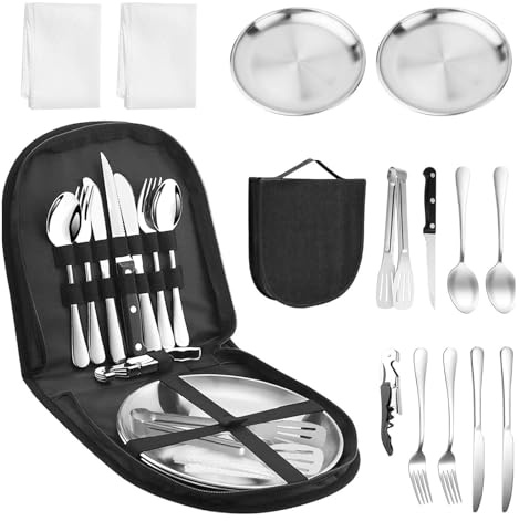 14 Pcs Camping Plate Set - Reusable Stainless Steel Cutlery Camping Cutlery Set with Plates Forks Spoons Corkscrew, Ideal for Road Trips, Picnics and Camping Adventures - Suitable for 2 People