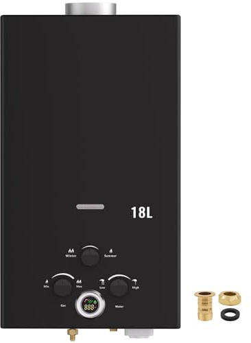 Gas Water Heater, 18L Instant Tankless with LED Display, Battery-Powered Shower Heater with Overheat & Anti-Freeze Protection, for Home, Camping & Caravan (Black)