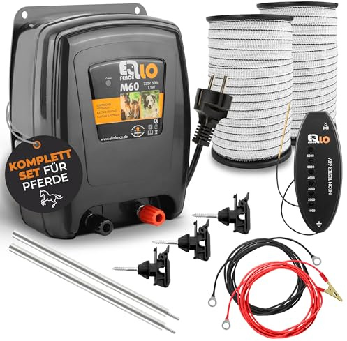 Ellofence Pferde Weidezaun Set - Leistungsstarkes 230V Weidezaungerät inkl. 400m Weideband, 2-teiligem Erdungsset, 25 Band- und Seilisolatoren & LED Zaunprüfer - Premium Elektrozaun Zubehör