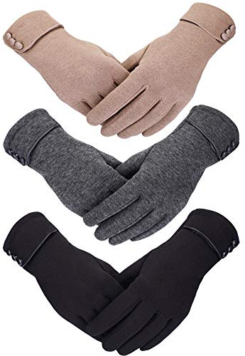 Patelai Women's Winter Gloves - Warm, Windproof, Touchscreen, Plush - 3 Pairs, 23 x 8.5 cm - Black, Gray, Khaki