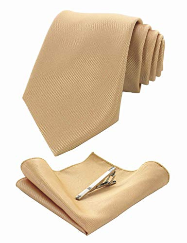 JEMYGINS Seide Krawatte Krawatten und Einstecktuch mit krawattenklammer Set für Herren Seidenkrawatten Hochzeit Schlips Gold