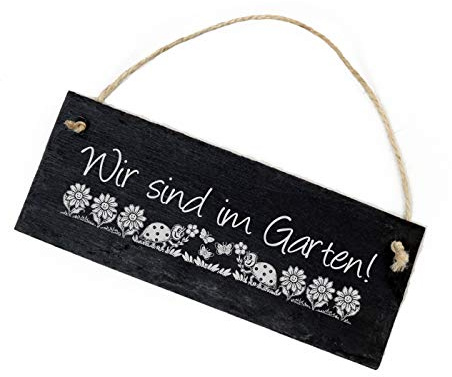 Dekolando Wir sind im Garten Schild aus Schiefer - Blumen Marienkäfer Gravur Türschild Schiefertafel 22x8cm