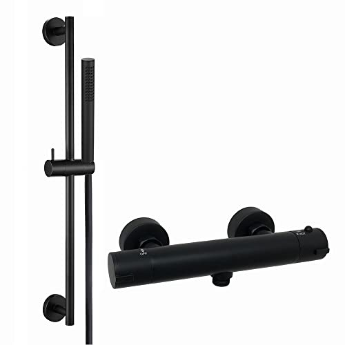 ENKI SH0586 Dune Thermostatic Slider Rail Kit, Matt Black, Rainfall | Solid Brass, Easy Install, Fittings Included, 1-Year Guarantee, Rainfall Shower Head, Shower Mixer Set, Modern Bathroom