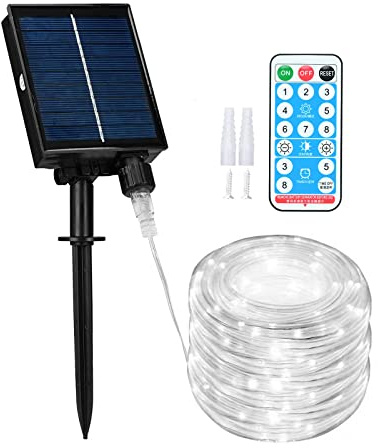 Lychee Solar Powered Outdoor Rope Light, 66ft 200LED 8 Modes IP65 Waterproof Large Powered Tube, Remote Control Timer String Lights for Holiday Christmas Party Decoration (White)