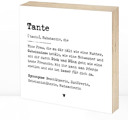 Wunderpixel® Holzbild Definition Tante - 15x15x2cm zum Hinstellen/Aufhängen, echter Fotodruck mit Spruch auf Holz - schwarz-weißes Wand-Bild Aufsteller Dekoration Geschenk-Idee