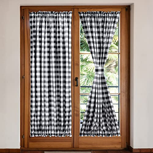 Moslovstar 2 Stück French Door Vorhänge, Buffalo Plaid, Seitenfenstervorhänge, Stangentasche, Vordertür, Fenstervorhänge, Paneele mit zusätzlichen Raffhaltern, Schwarz und Weiß, 64 x 183 cm