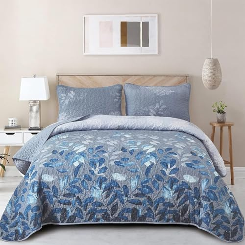 WONGS BEDDING Blue Quilt Set Queen Size,3 Pieces Navy Blue Floral Bedspread Coverlet Set,Soft Microfiber Lightweight Grayish Blue Gradient Floral Bedding Set Queen 96x90