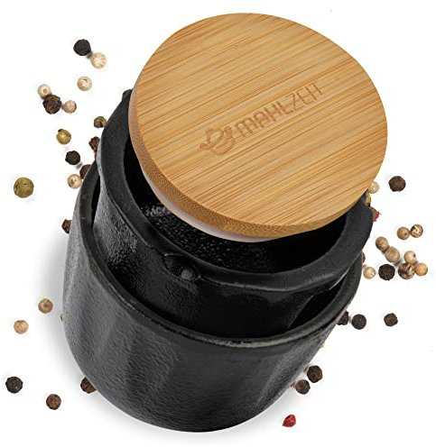 Mahlzeit Molinillo de Hierro Fundido con Tapa de Bambú | 8 x Ø 7,5 cm | Molinillo de Pimienta, Semillas de Mostaza, Especias, Hierbas Secas