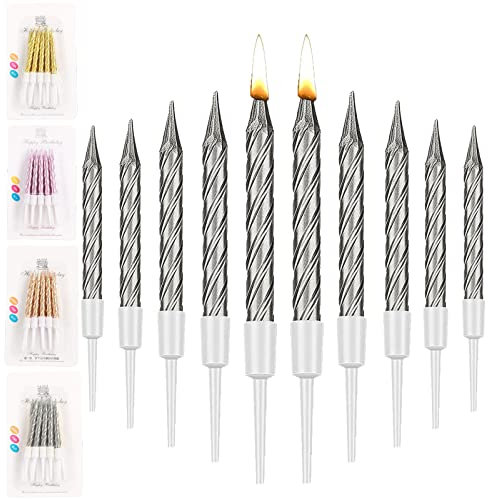 20 Pièces Spirale Bougies Gâteaux, Métalliques Bougies à Gâteau avec Support, Bougies de Gâteau Minces Courtes pour la Décorations de Gâteaux d'anniversaire de Mariage (Argent）