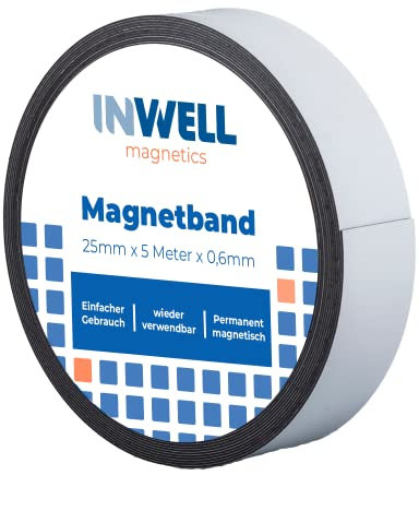 Inwell - Magnetband 25 mm in Farbe weiß auf Rol | 5 meter | NICHT Selbstklebend | Beschreibbare weiße Vinylschicht | Starker Magnetkraft | Magnetstreifen