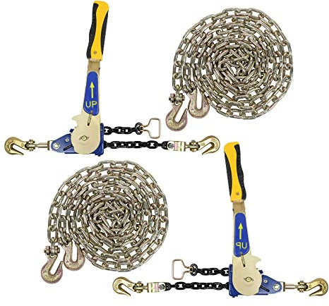 Mytee Products 4 Pcs G70 5/16 Chain & Easy Binder Kit - (2) 5/16-3/8 Easy Ratcheting Chain Load Binder & (2) 5/16 x 20' G70 Transport Chain w/Grab Hooks - 4700 lbs WLL for Truck Trailer Tie Down