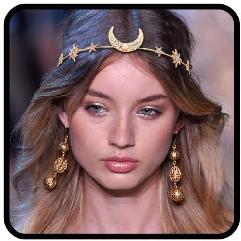 Fashband Bandeau bohème avec lune dorée et étoile - Accessoire de cheveux - Fleur - Mariage - Chaîne de cheveux pour femmes et filles