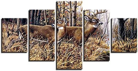 5 Stück Leinwand Wandkunst Hd Leinwanddrucke - Hirsch Tier Waldlandschaft - Druck Auf Leinwand Moderne Schlafzimmer Wohnzimmer Haus Dekoration Wandkunst - Mit Rahmen 150 X 100 Cm