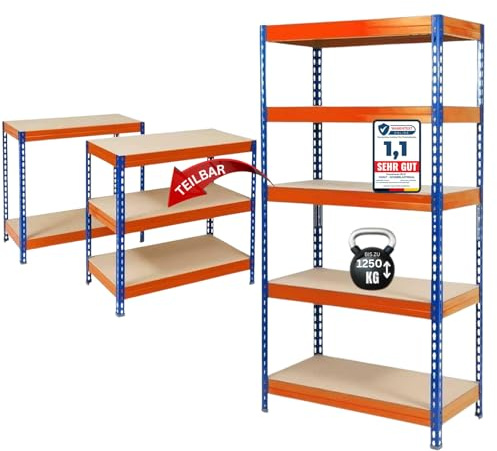 Floordirekt Schwerlastregal - Steckregal, Kellerregal, Lagerregal, Werkbank - Traglast bis 1250 kg - Schnelle Montage (Blau-Orange, 220 x 90 x 60 cm)
