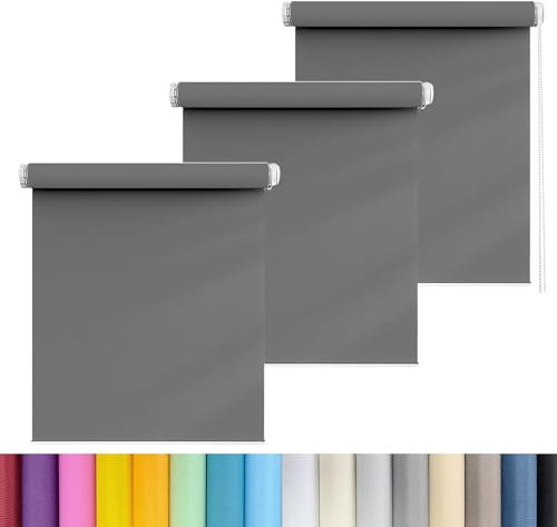 Blickdicht Sonnenschutz Jalousie 60 x 70 cm Blickdicht, Sichtschutz, Blendschutz Klemmfix Seitenzugrollo Inkl Montage-Teile, für Fenster innen Wandmontage, Dunkelgrau