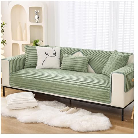 Tauzveok Sofaschoner rutschfest, Kaninchensamt Sofaschoner, Für Sofa Überzug L Form U Form, Plüsch Sofabezug 3 2 4 1 Sitzer, Katze Hund Sofa Schoner,Grün,90 * 210cm