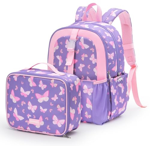 mommore Kids Backpack Set with Lunch Box, Lightweight Preschool Backpack for Girls Age 4-8, Water Resistance Elementary Student Bookbag for Preschool Kindergarten