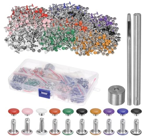 sourcing map 600 Sets Leather Rivets 8 x 6mm Metal Double Cap Rivet Snaps Studs Fasteners Rivets for Leather Craft DIY Repair Decoration, 10 Colors